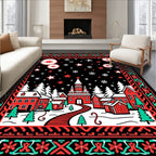 Crimson Red Winter Village Snowflakes Rug
