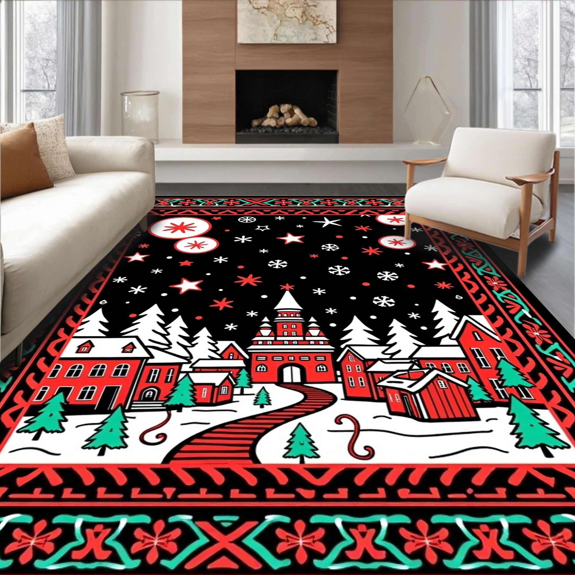 Crimson Red Winter Village Snowflakes Rug