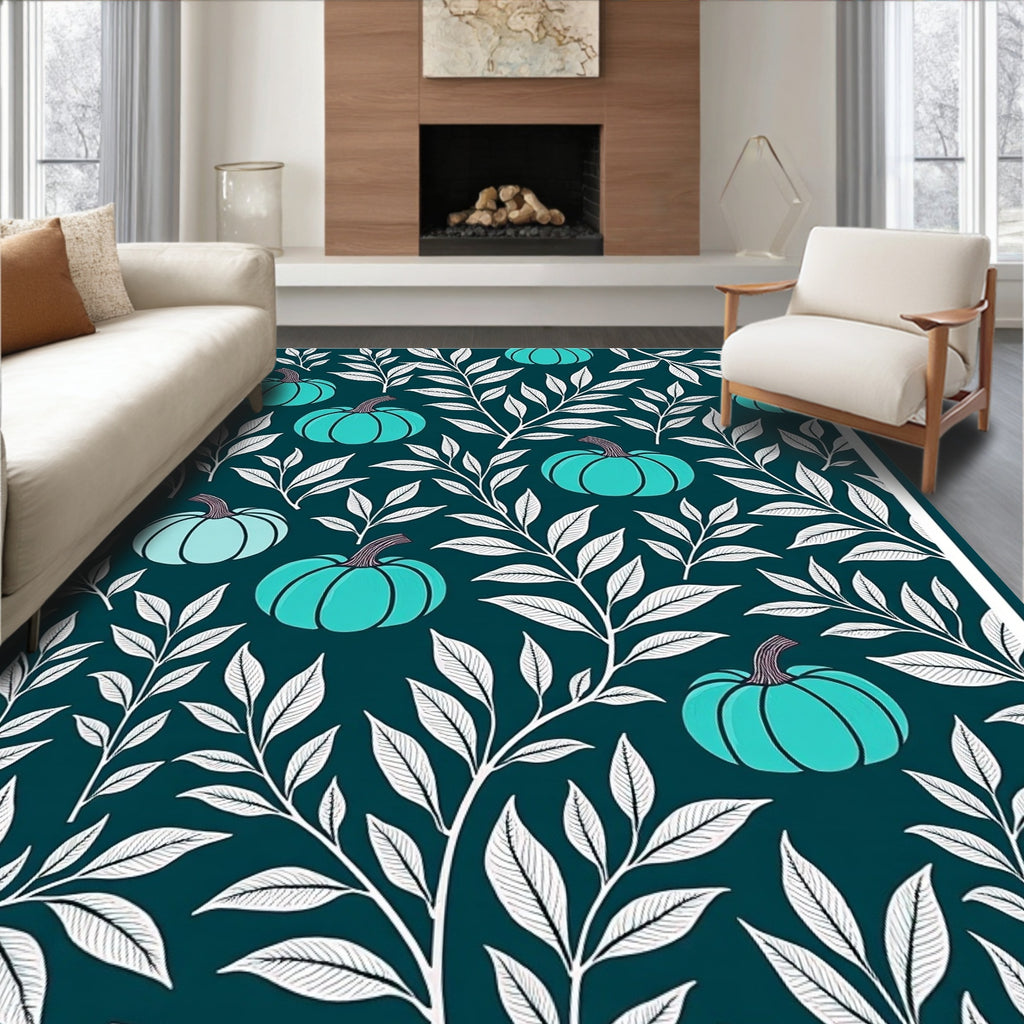 Teal Pumpkin White Foliage Overlay Rug