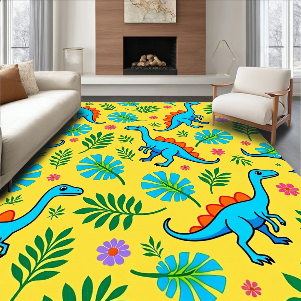 Bright Yellow Dinosaur Floral Foliage Rug