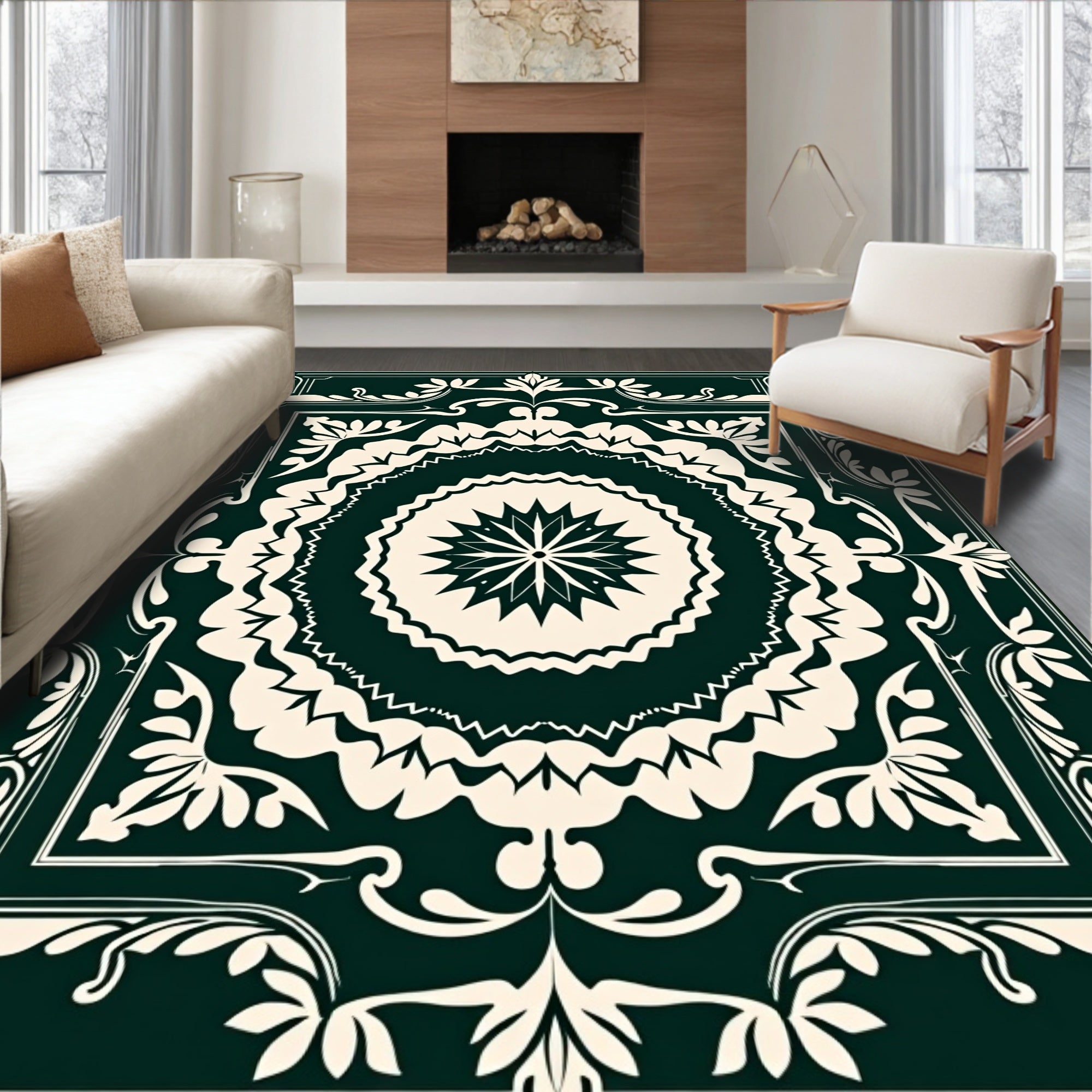 Forest Green Cream Floral Medallion Rug