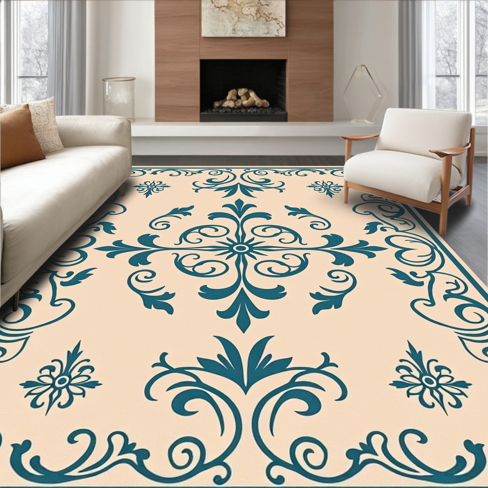 Teal Vintage Floral Scrollwork Rug