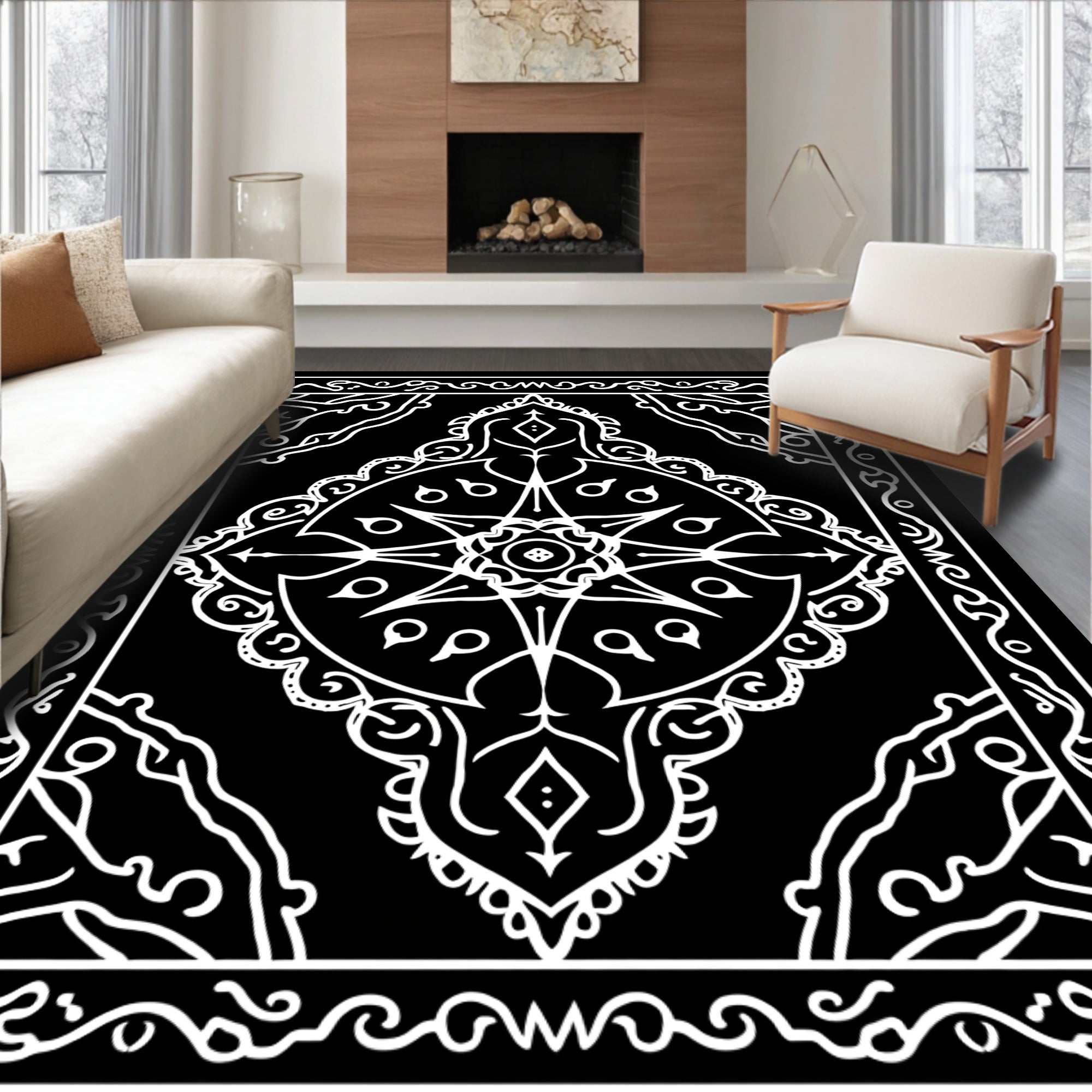 Monochromatic Celestial Starburst Mandala Rug