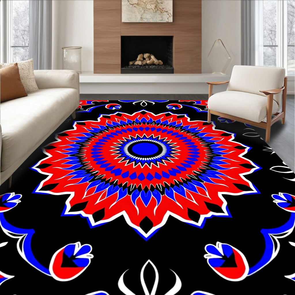 Vivid Red Blue Black Floral Mandala Rug