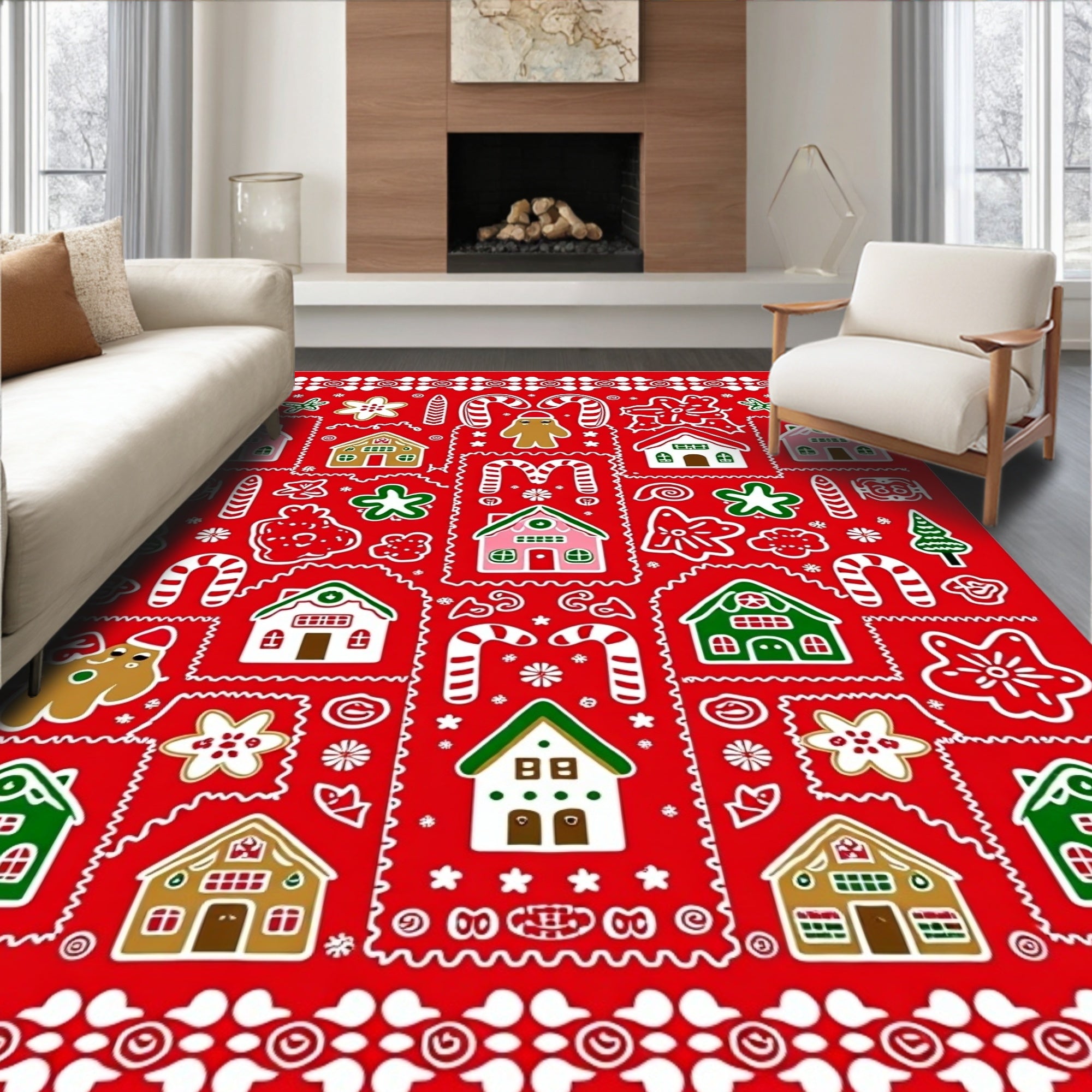 Christmas Gingerbread Village Candy Cane Scene Rug