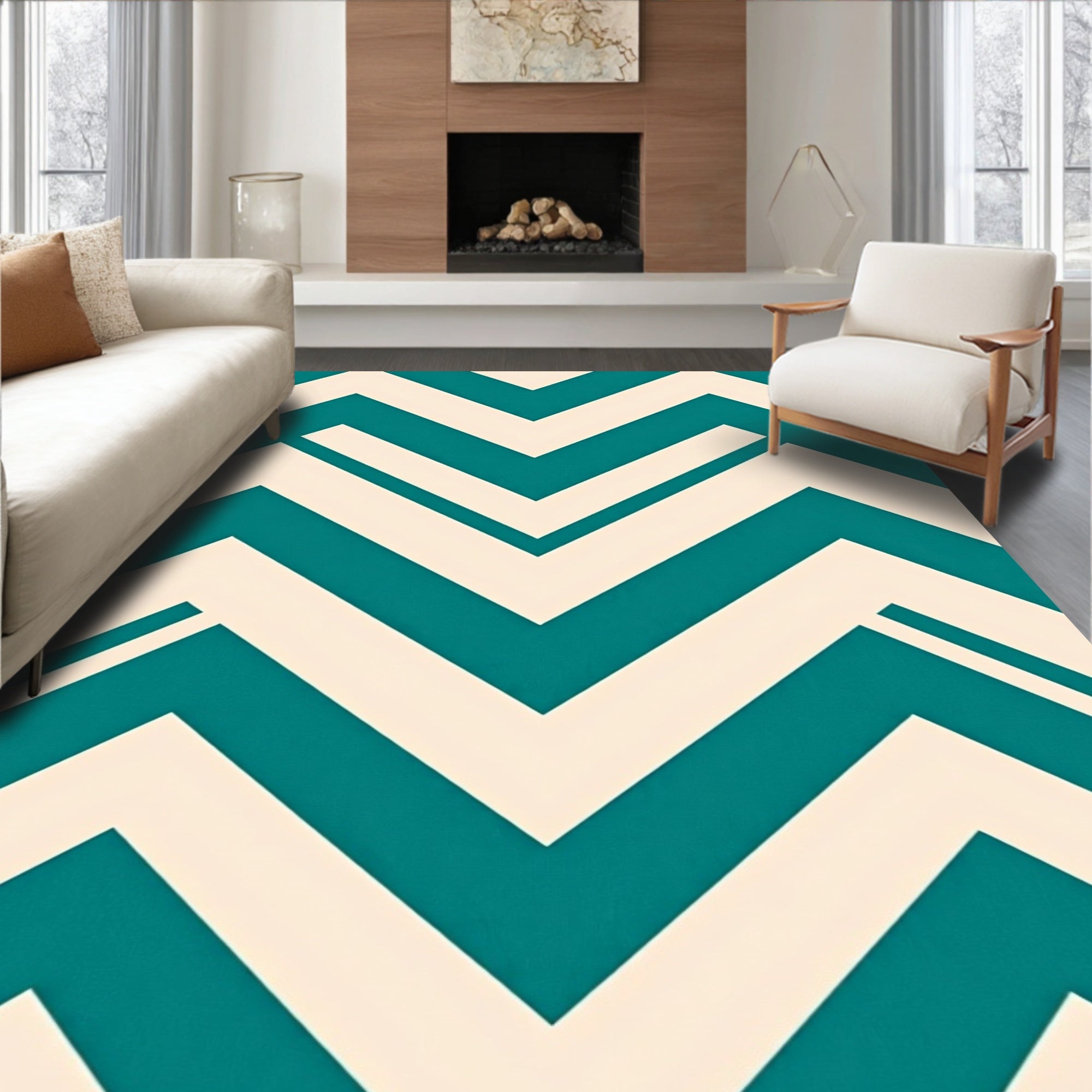 Teal Cream Modern Chevron Lines Rug
