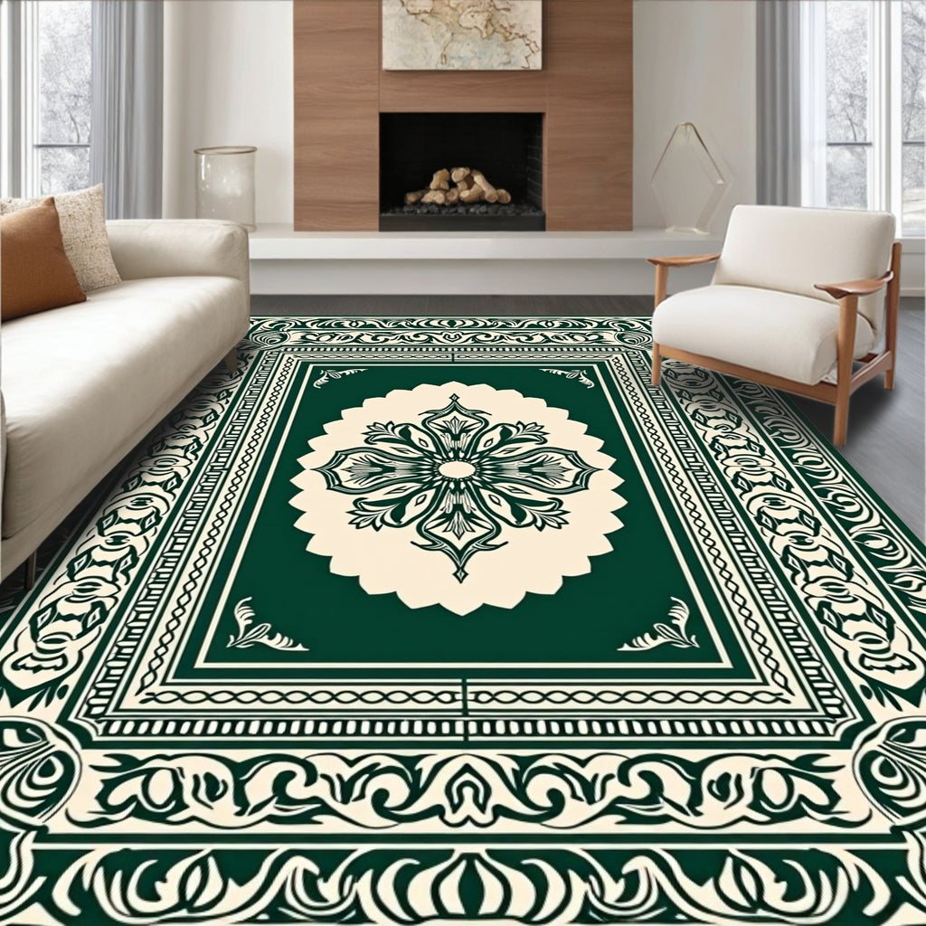 Dark Emerald Floral Medallion Border Rug