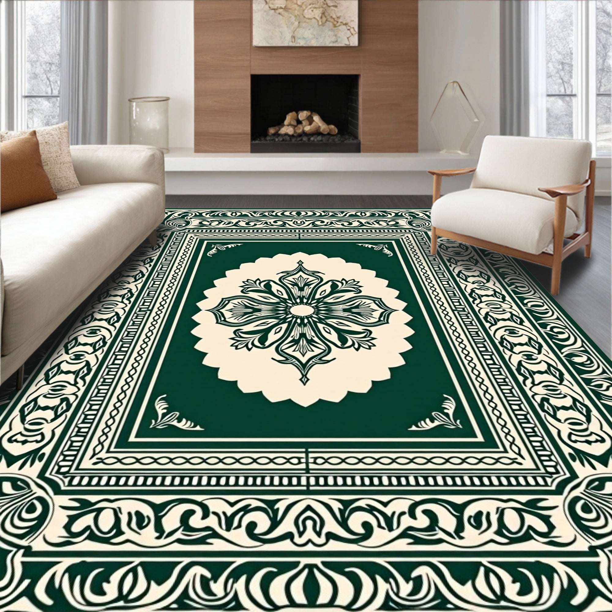 Dark Emerald Floral Medallion Border Rug