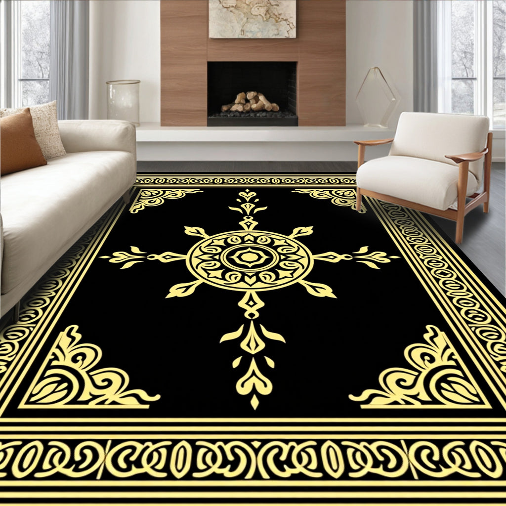 Golden Black Ornate Mandala Medallion Rug