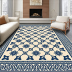 Navy Cream Floral Lattice Border Rug