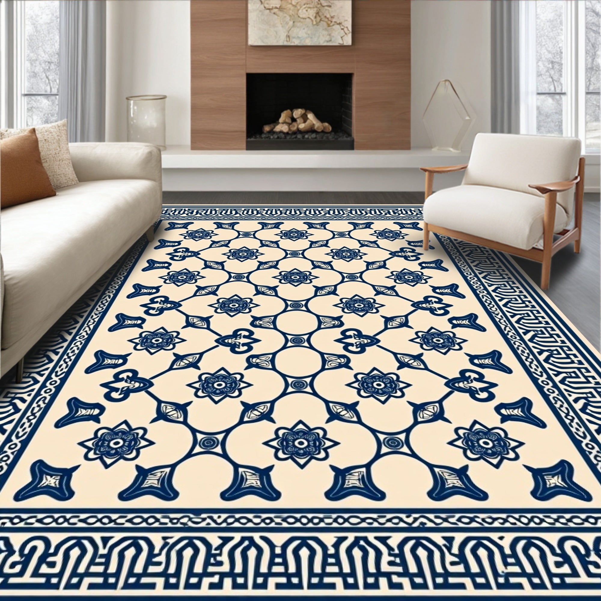Navy Cream Floral Lattice Border Rug