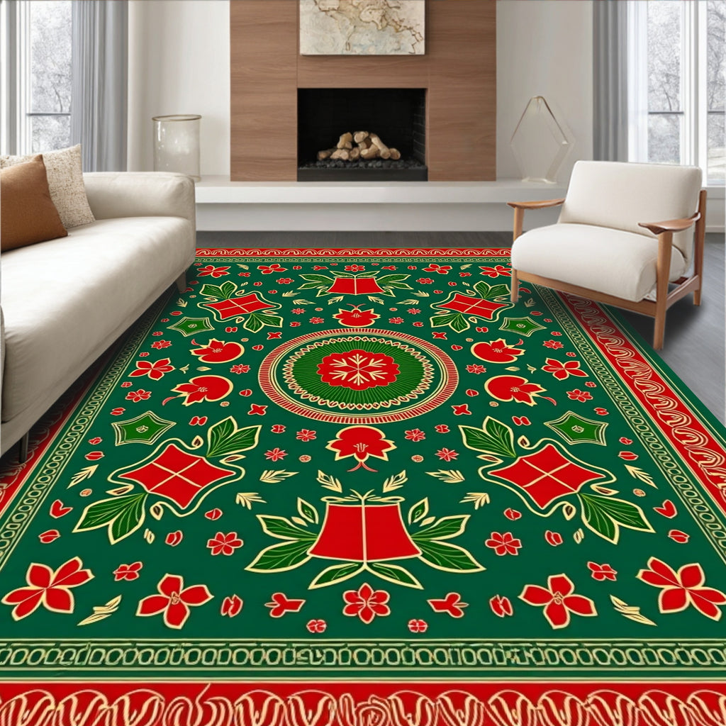 Red Green Floral Medallion Bordered Rug