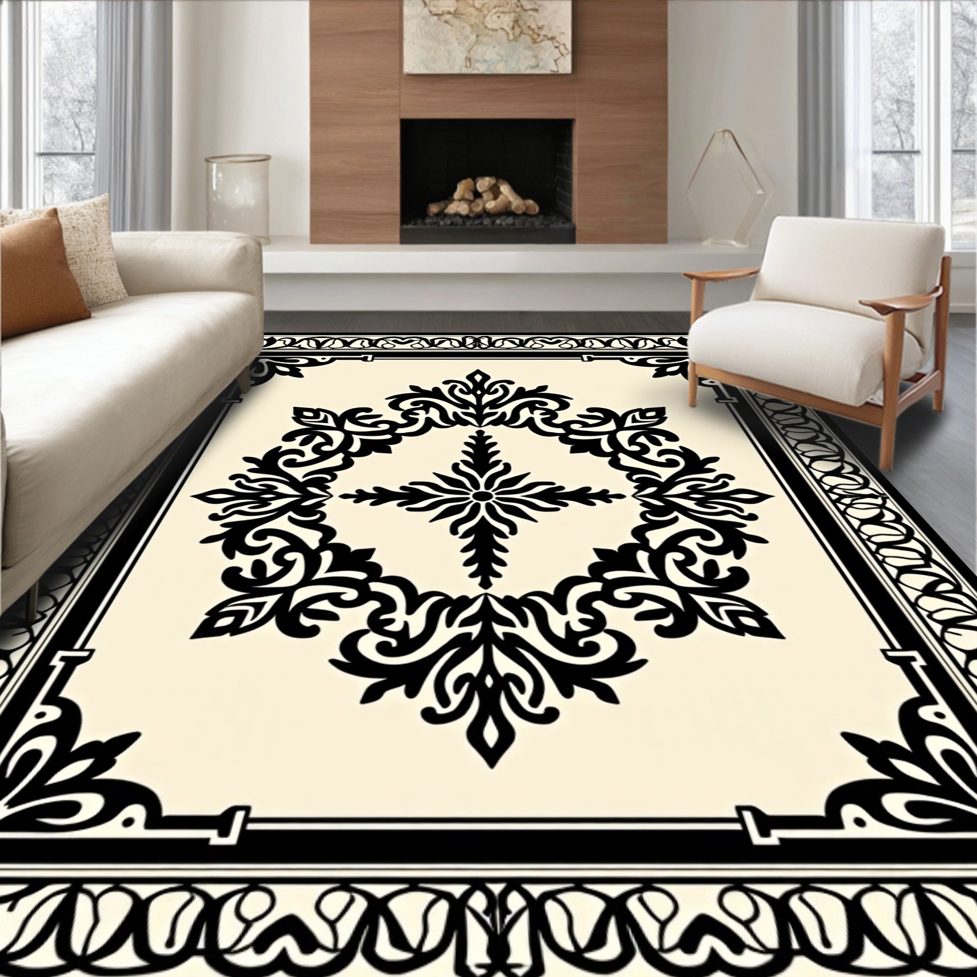 Black Ivory Ornate Medallion Square Rug