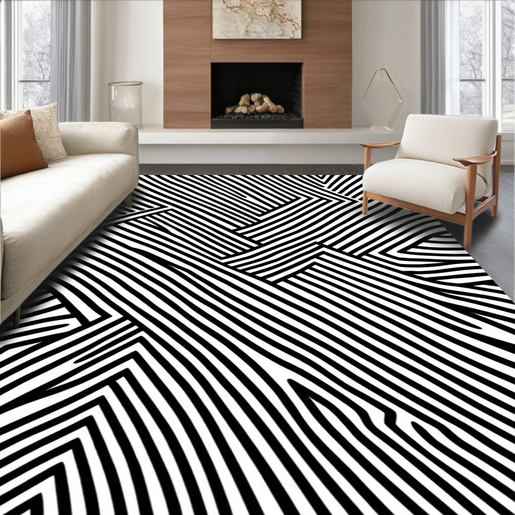 Bold Black and White Abstract Lines Rug