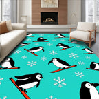 Playful Penguins Skiing Snowflake Turquoise Rug