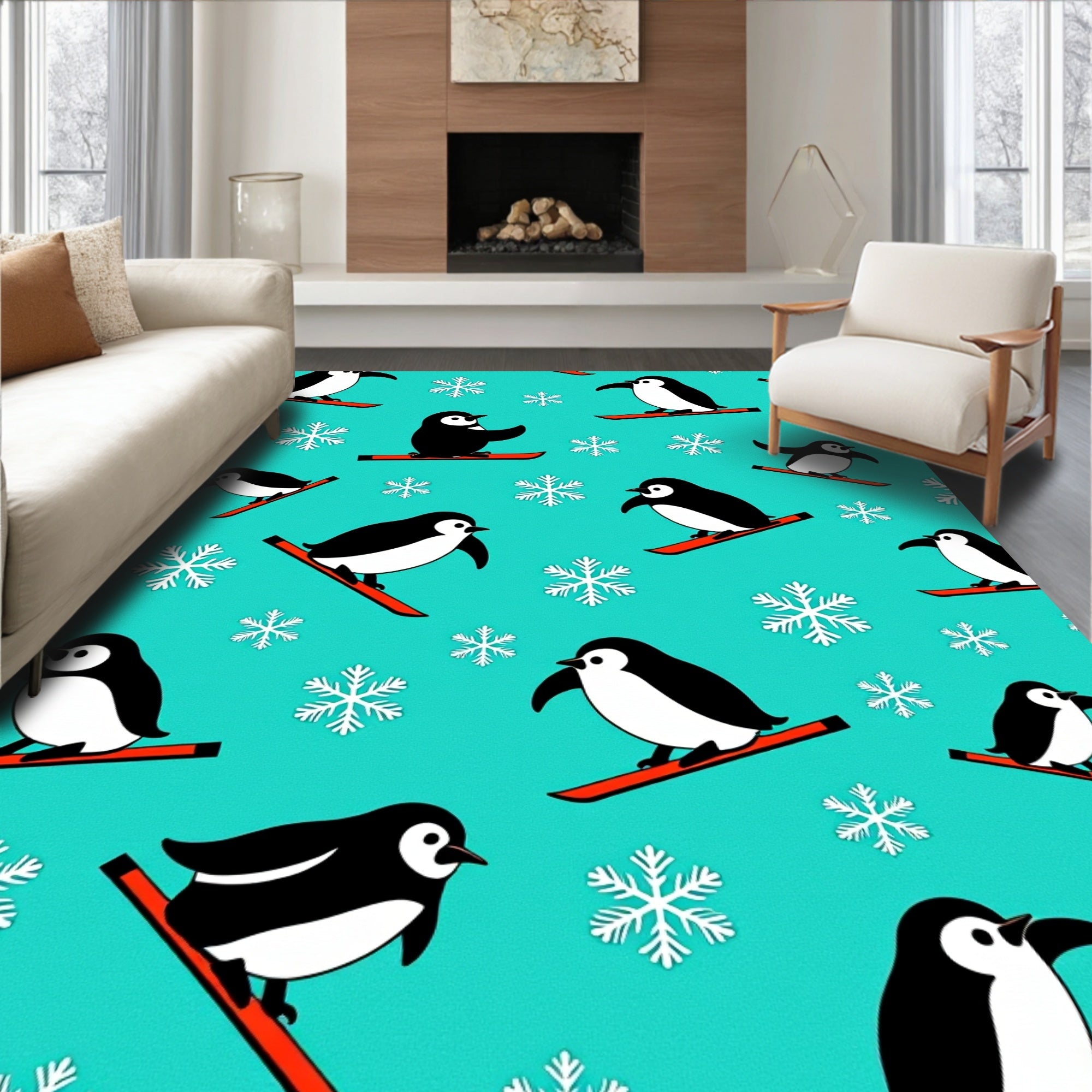 Playful Penguins Skiing Snowflake Turquoise Rug