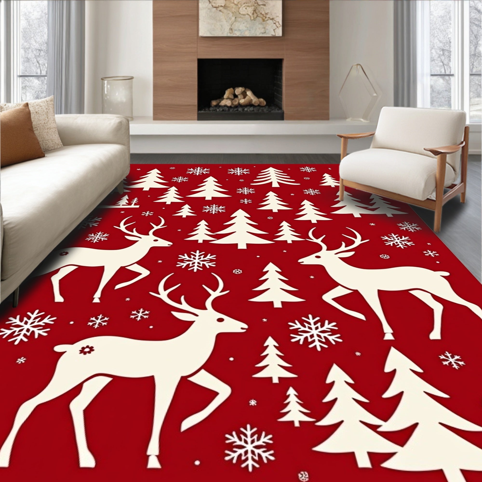 Winter Forest Deer and Snowflakes Rug