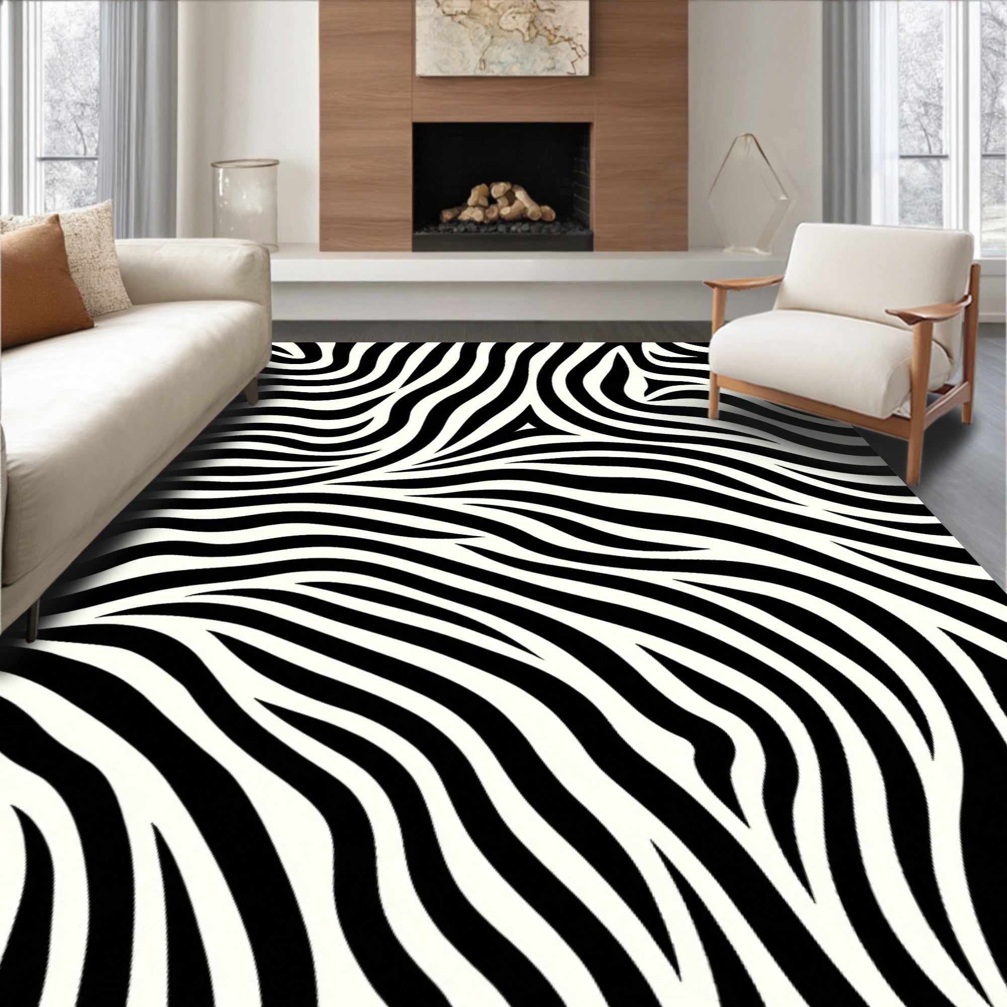 Abstract Wave Black White Animal Stripes Rug