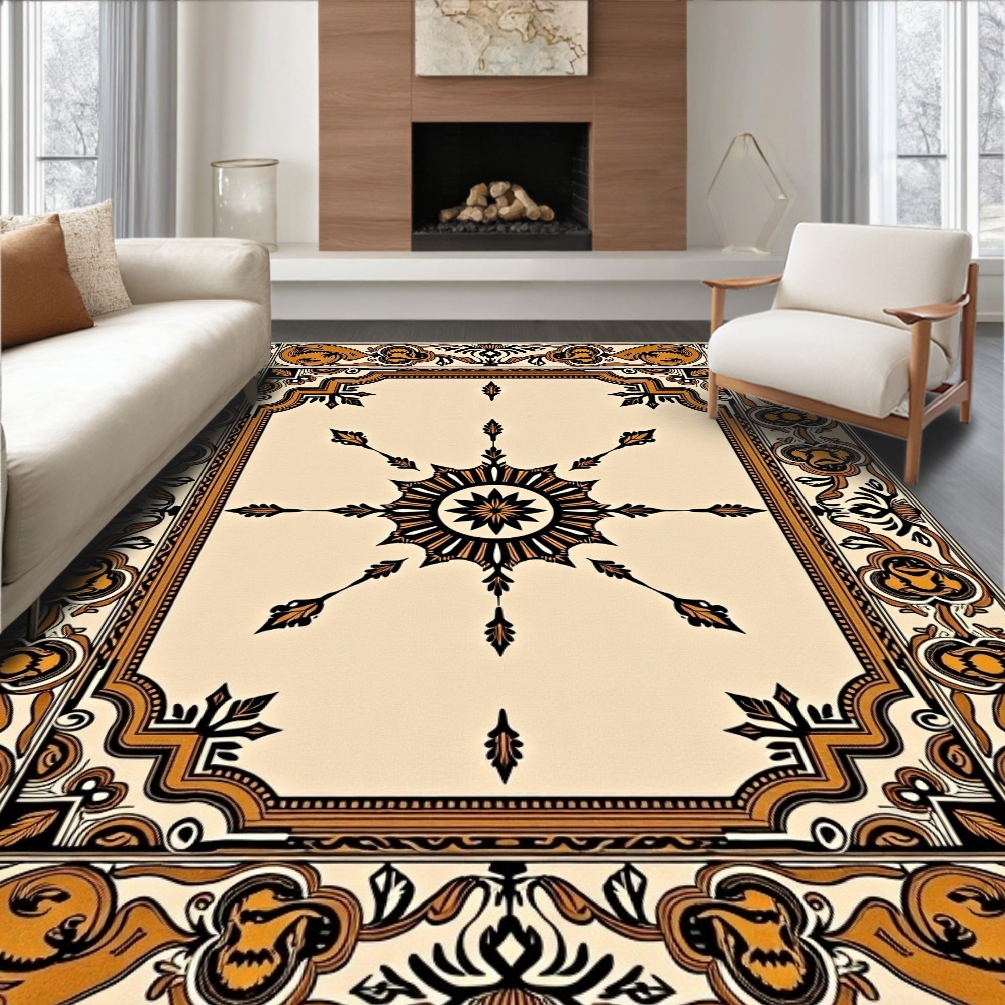 Gold and Black Ornate Sunburst Medallion Rug