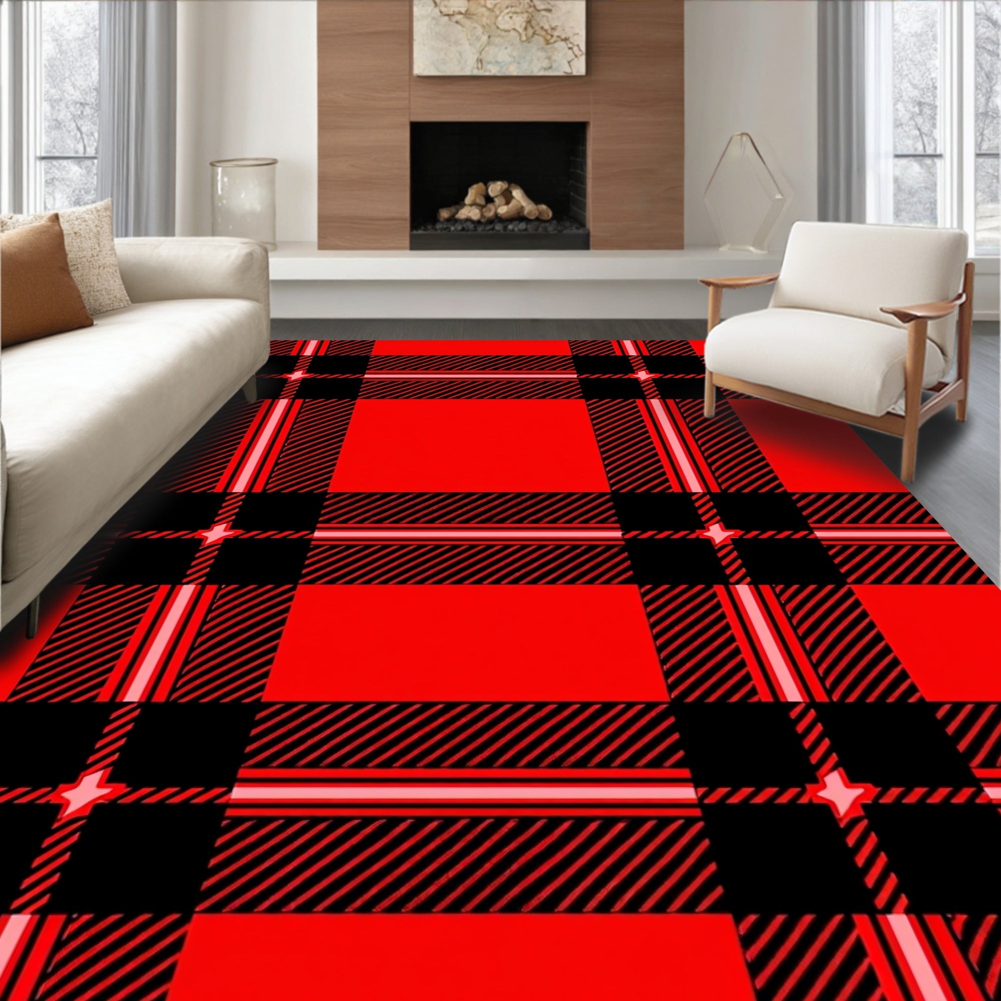 Bold Red Black Plaid Checks Rug