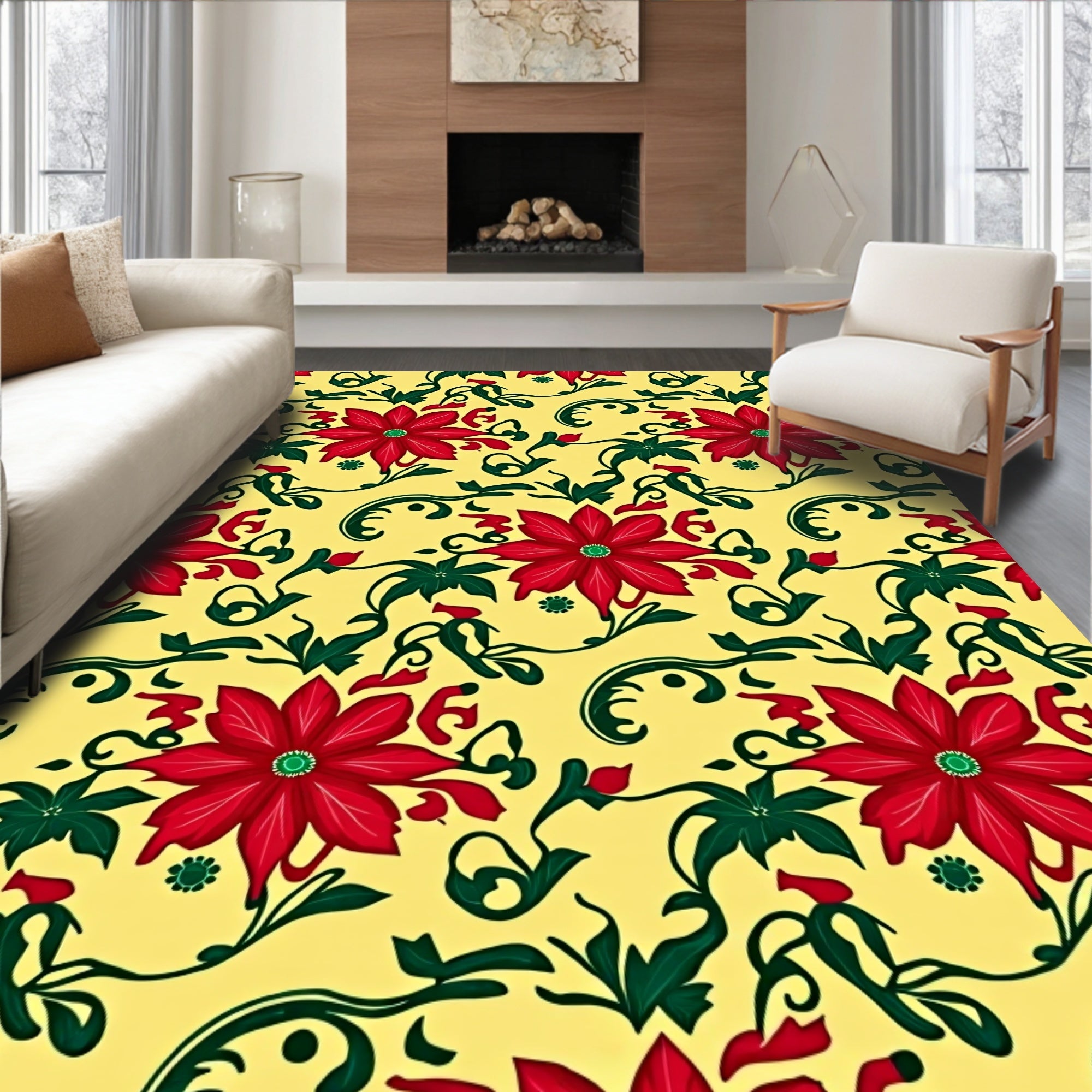Crimson Poinsettia Vine Yellow Rug