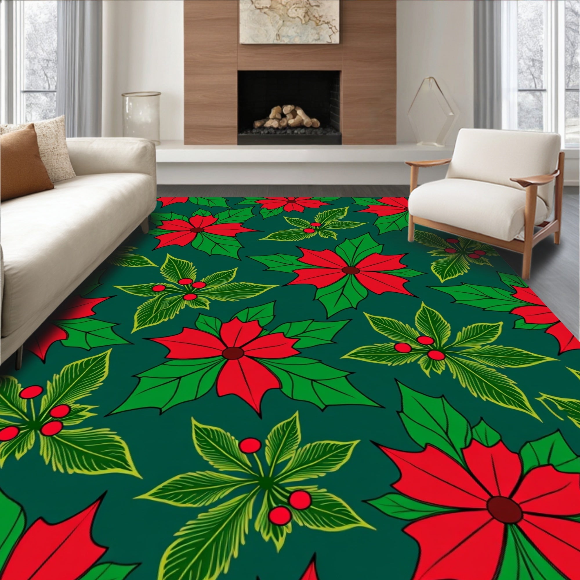 Holiday Red Poinsettia Holly Leaves Rug