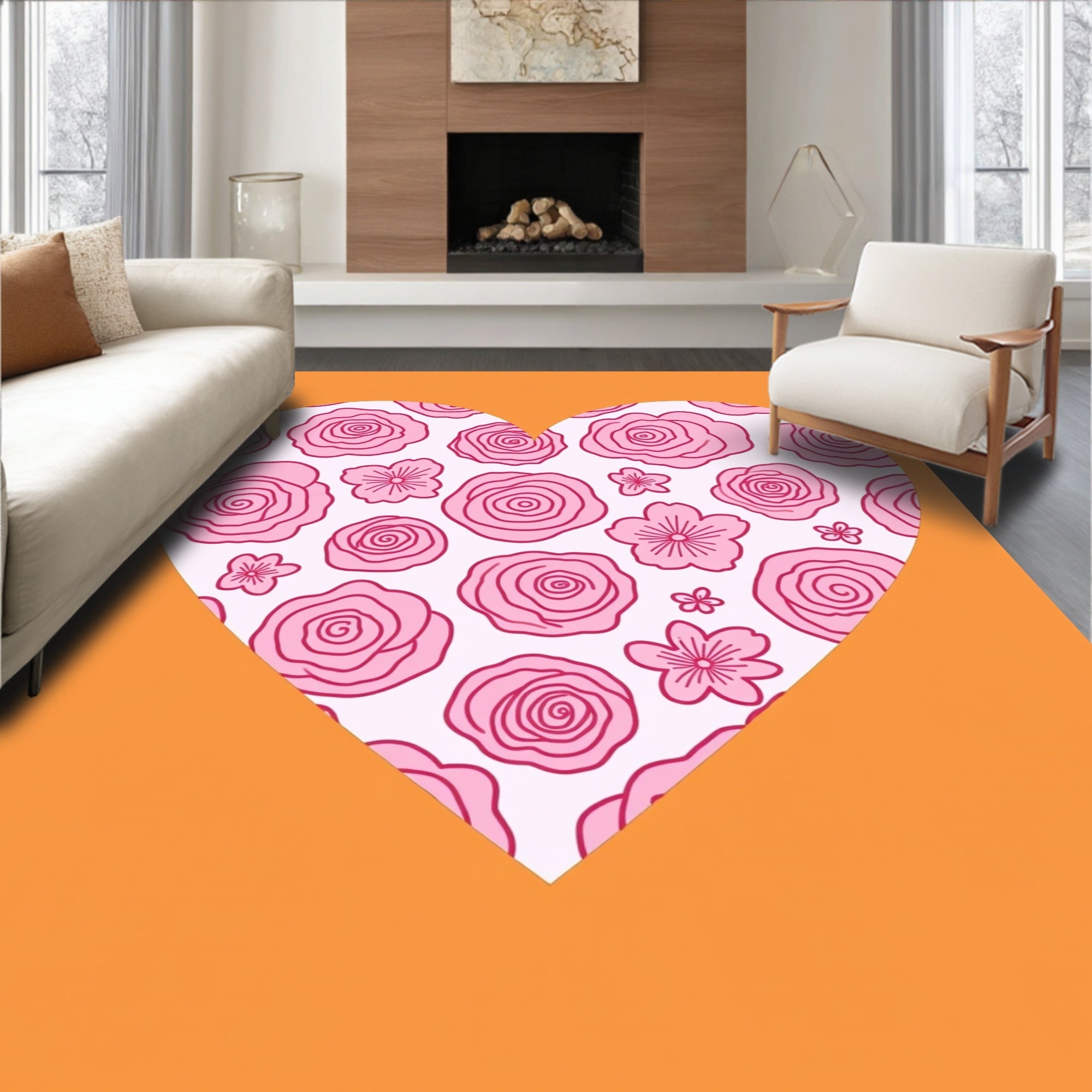 Sweet Pink Rose Heart Floral Rug