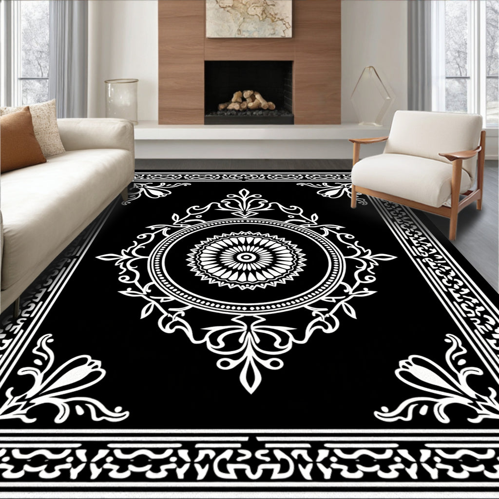 Black White Intricate Mandala Frame Rug