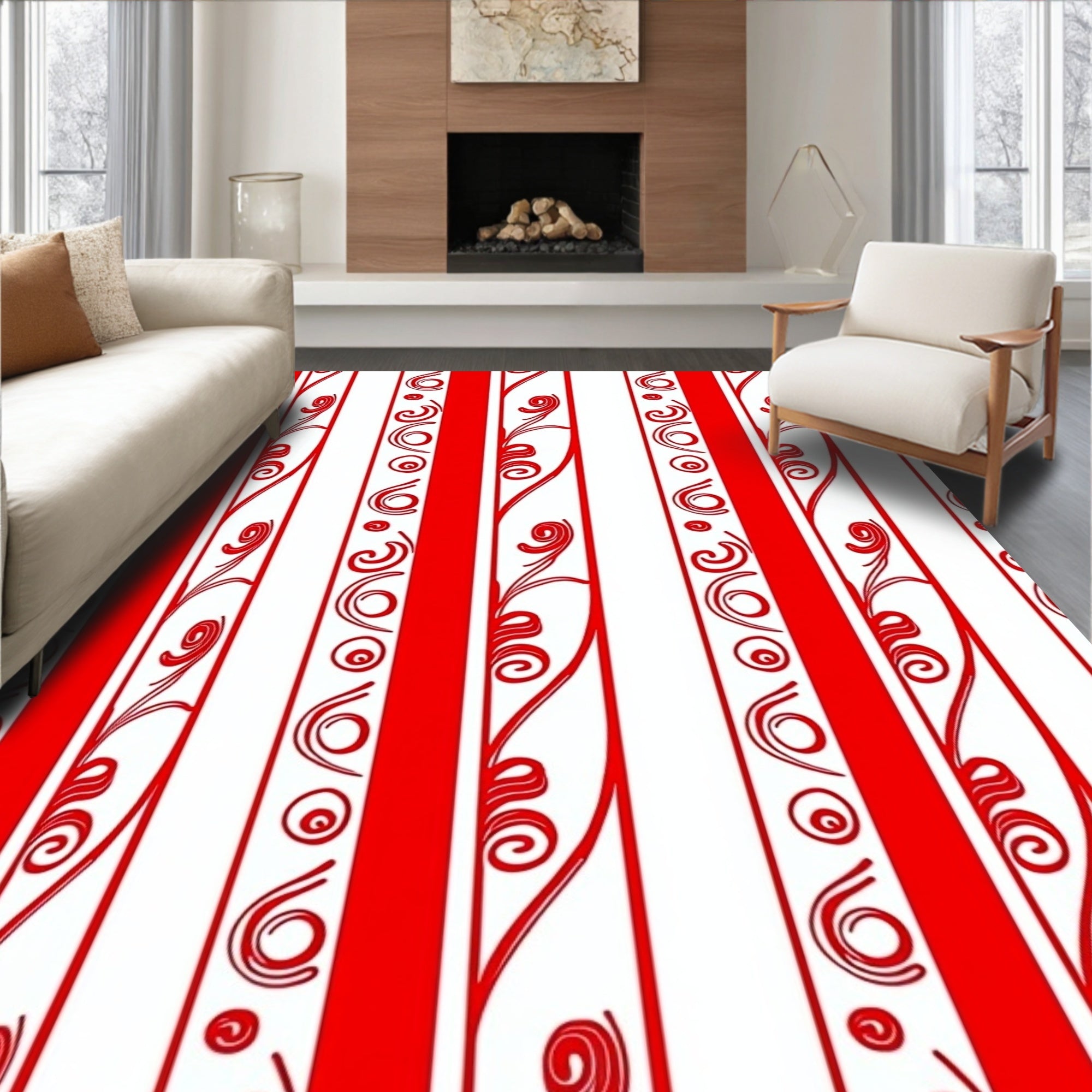 Bold Red Vertical Swirl Stripe Rug