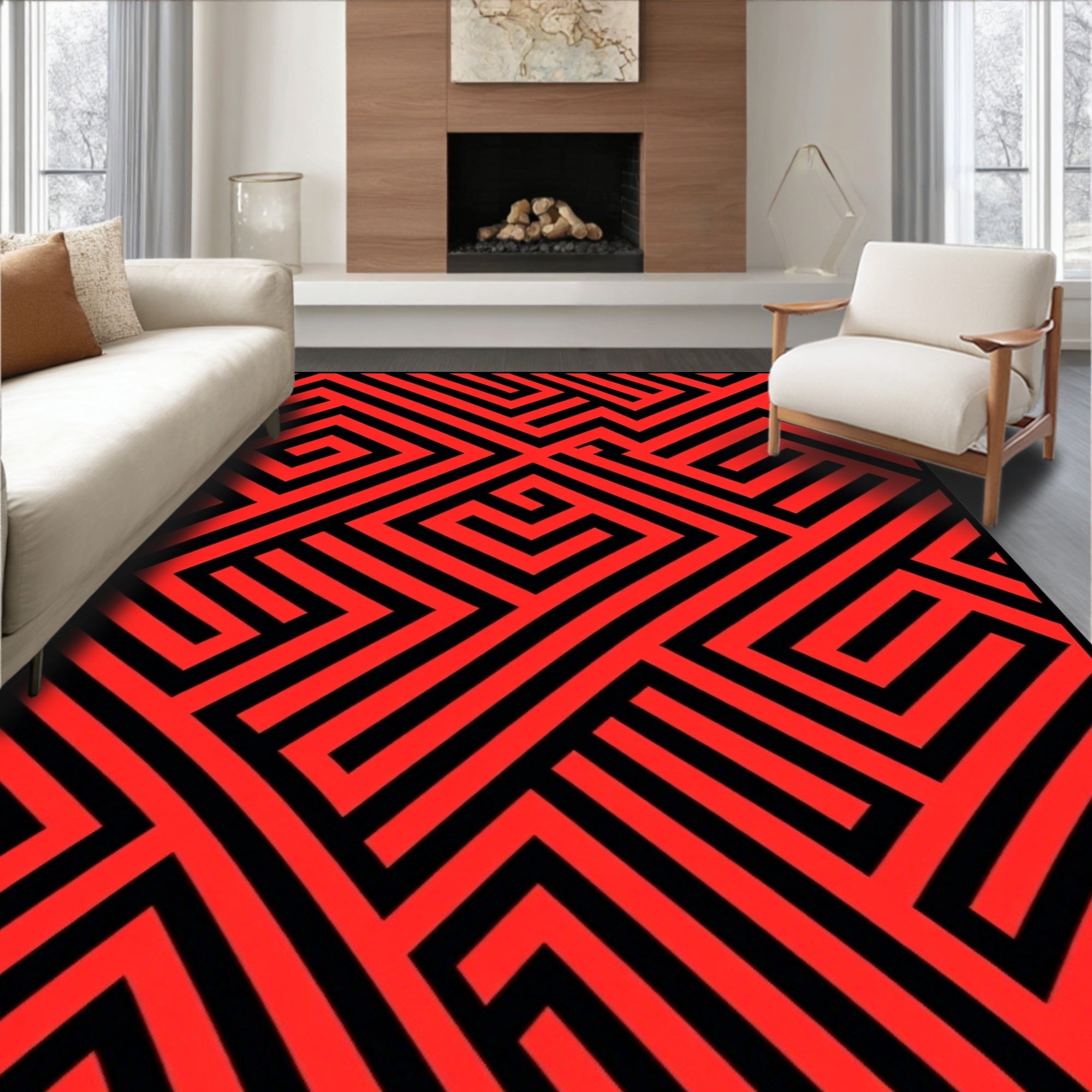 Bold Red Geometric Maze Rug