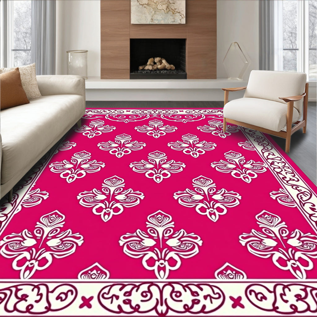 Pink White Elegant Floral Crest Rug
