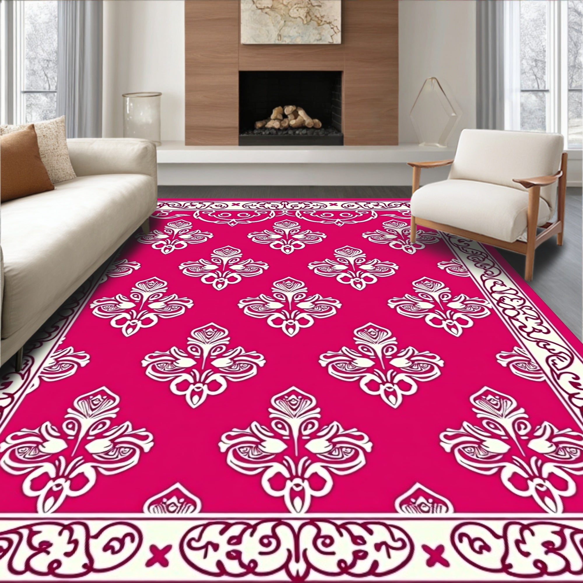 Pink White Elegant Floral Crest Rug