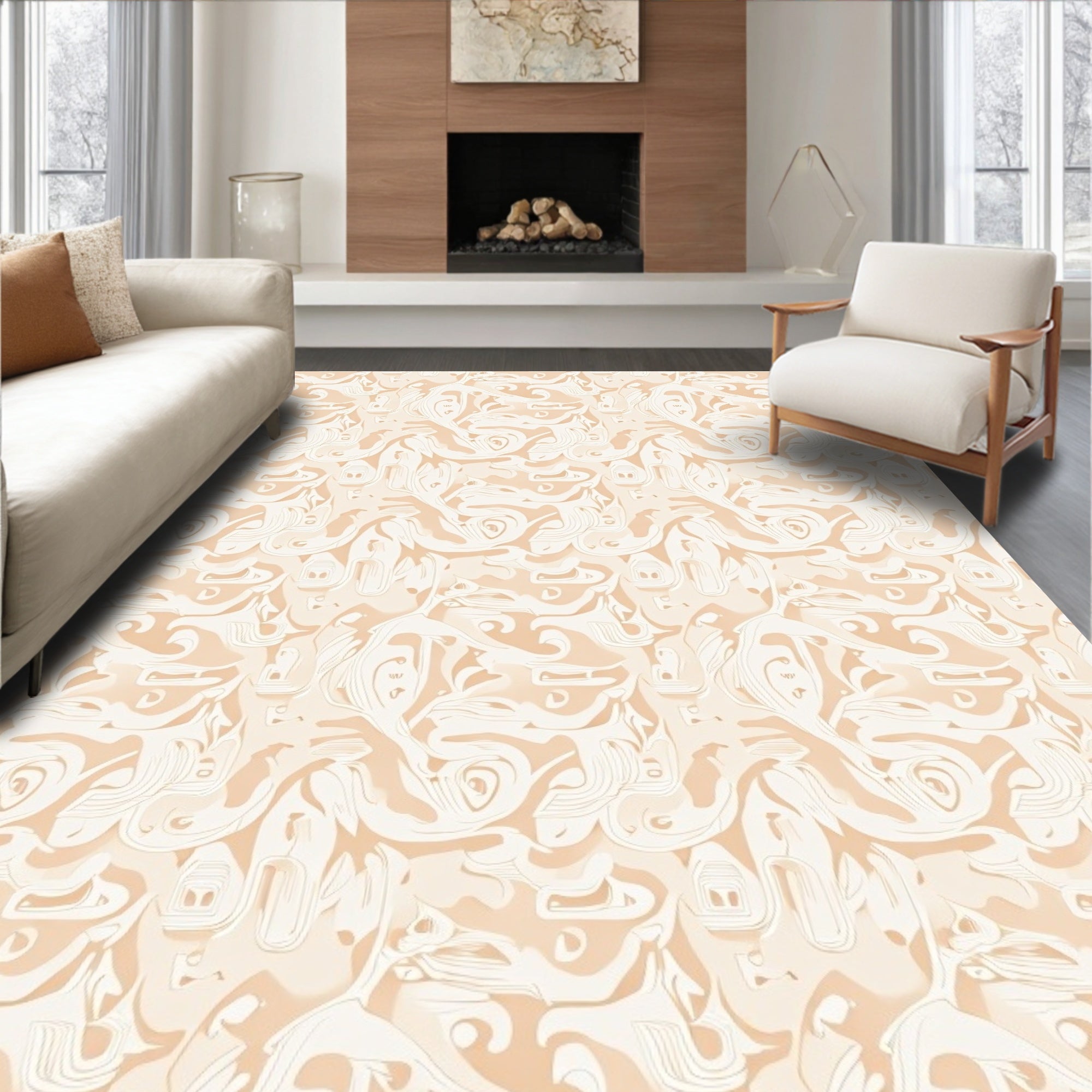 Cream Swirl Abstract Botanical Arrangement Rug