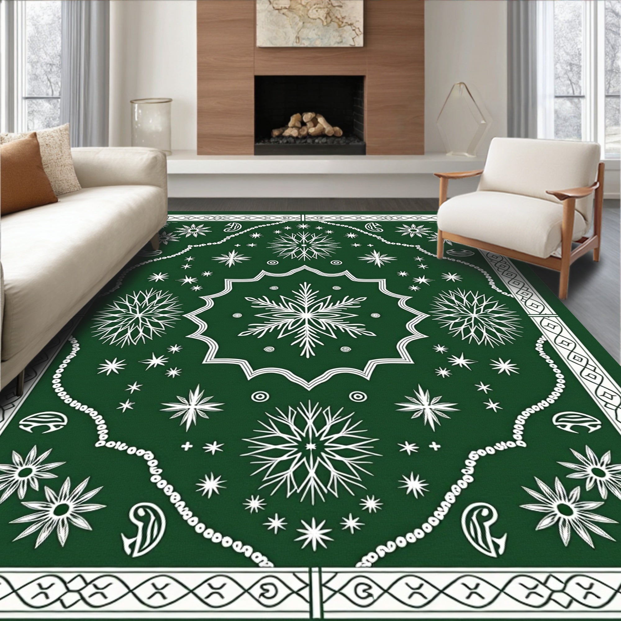 Deep Green Snowflake Starburst Medallion Rug
