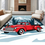 Retro Red Truck Snowy Mountain Landscape Rug