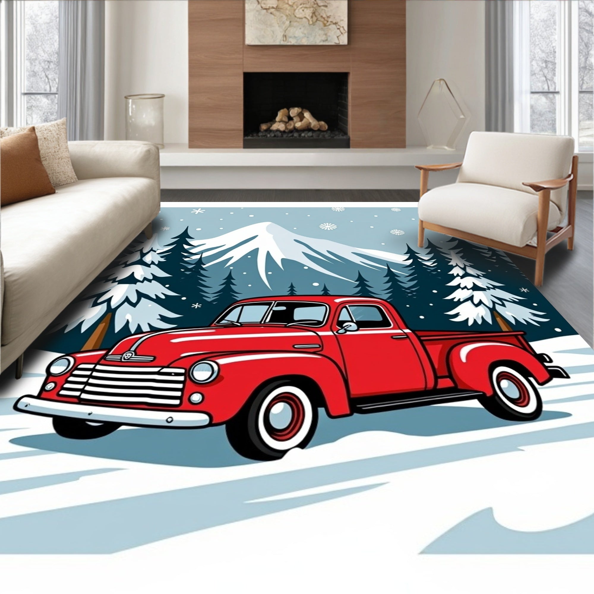 Retro Red Truck Snowy Mountain Landscape Rug