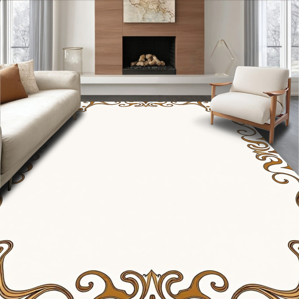 Ornate Golden Floral Scrollwork Border Rug
