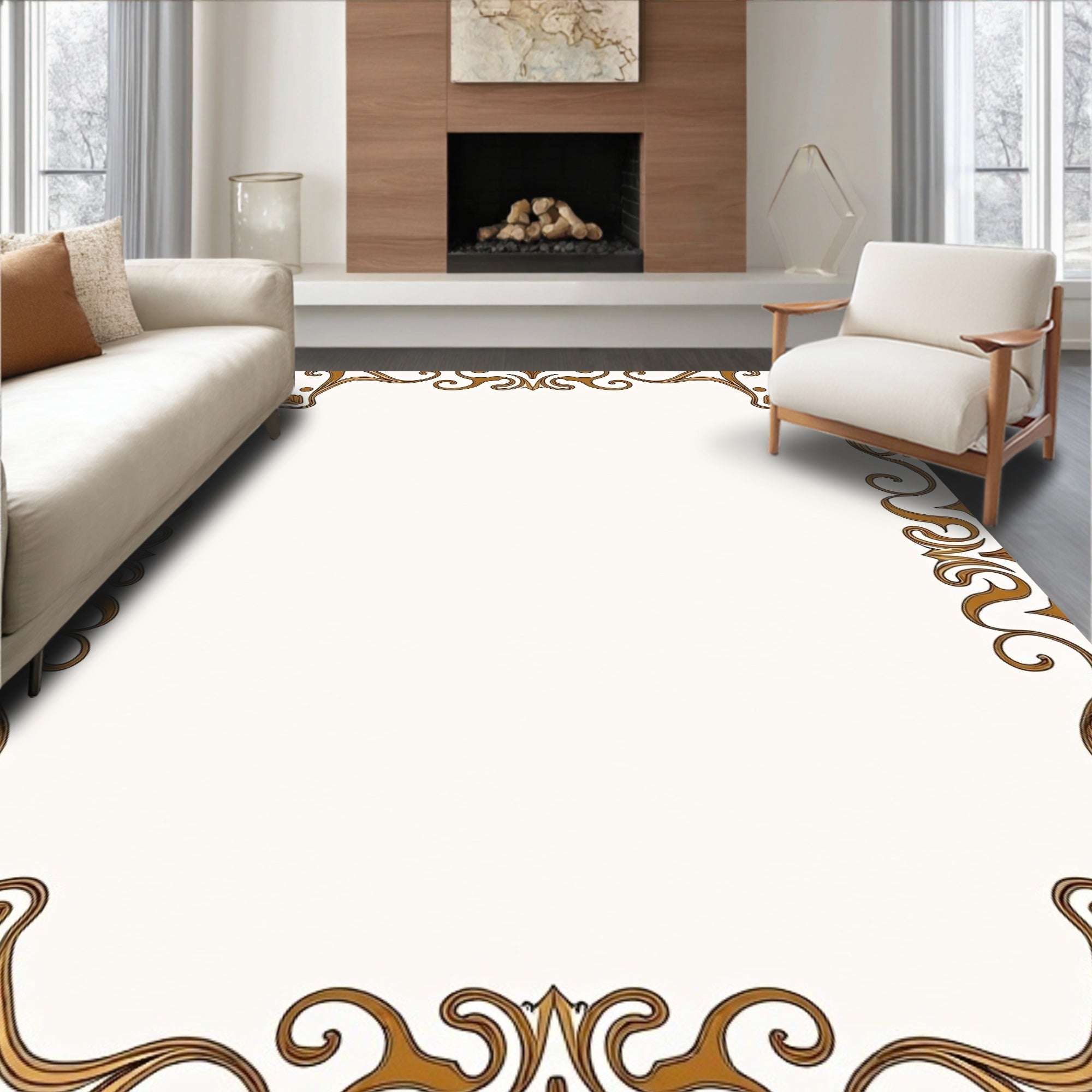 Ornate Golden Floral Scrollwork Border Rug