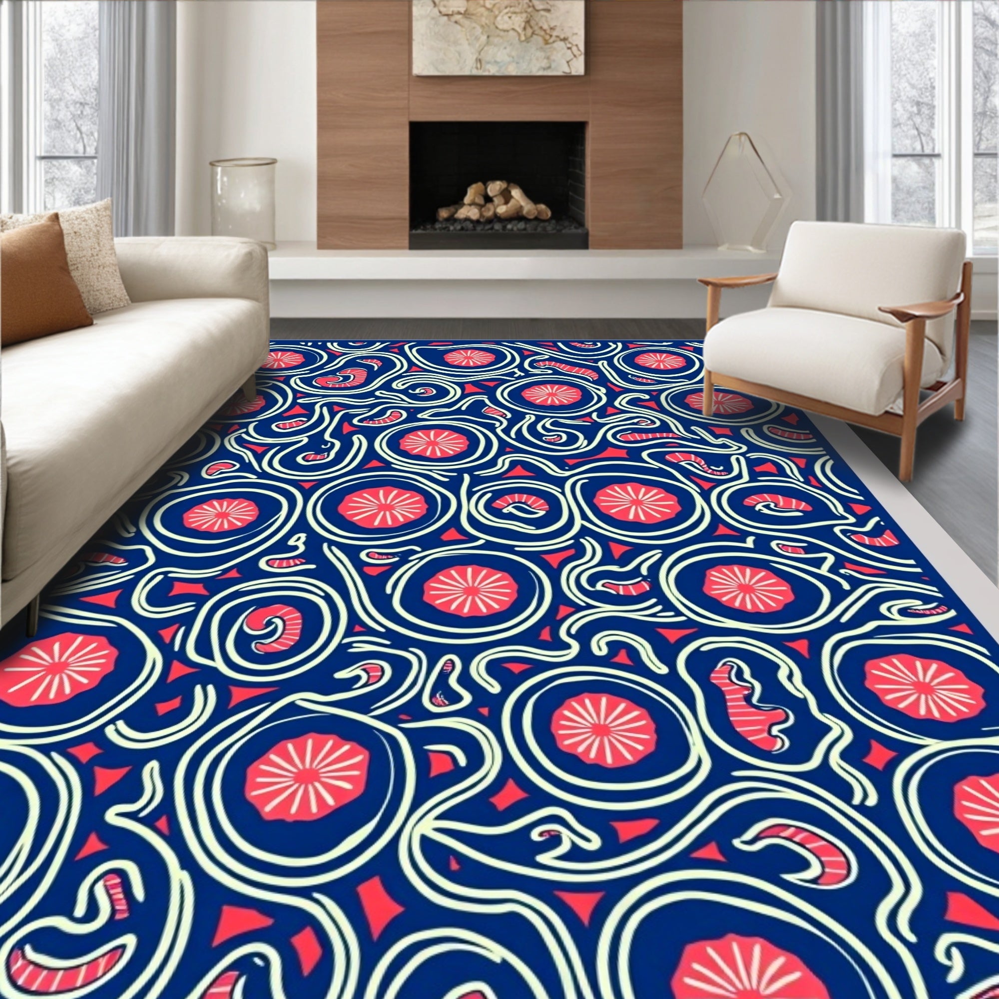 Navy Blue Pink Swirl Medallion Rug