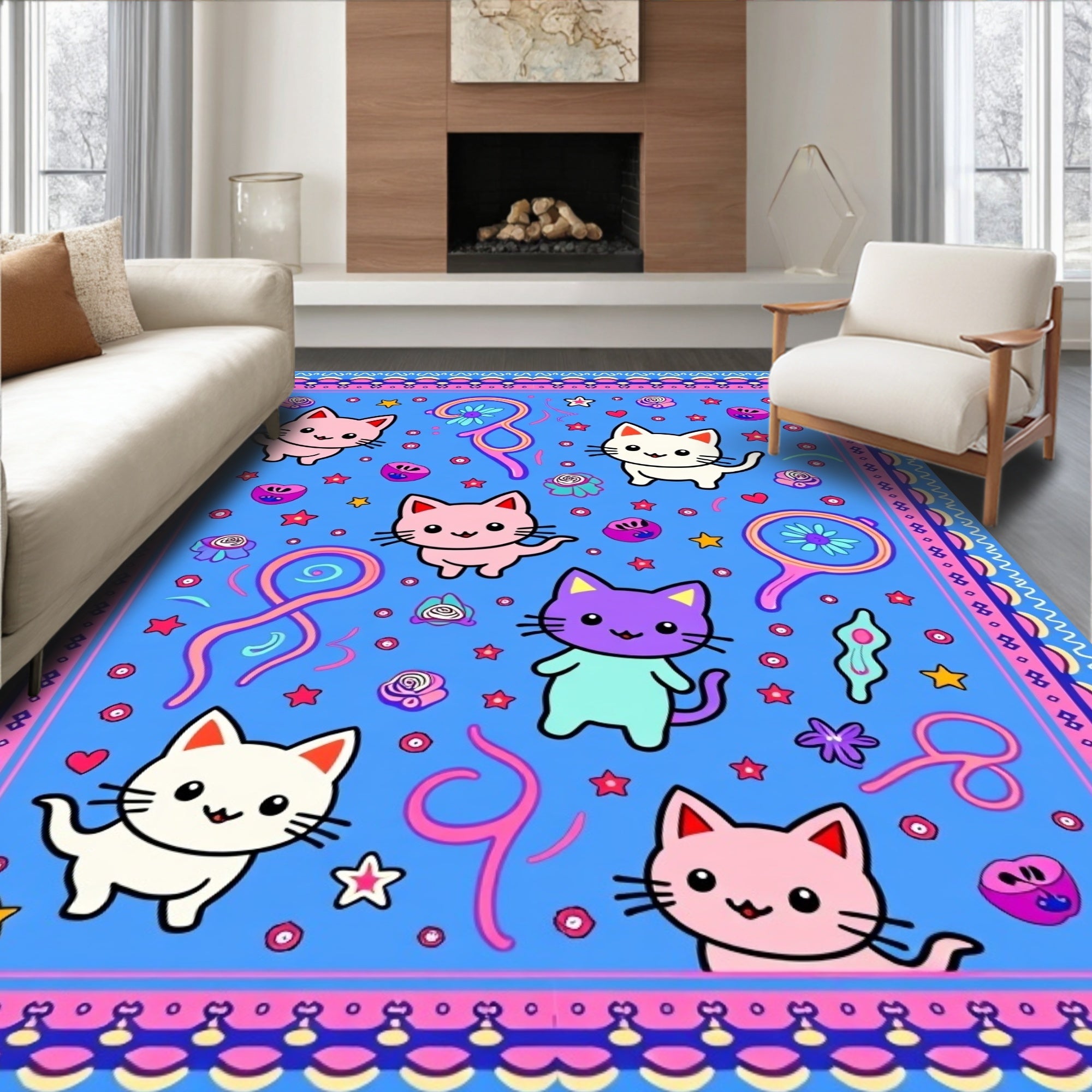 Cute Kitten Blue Whimsical Character Rug
