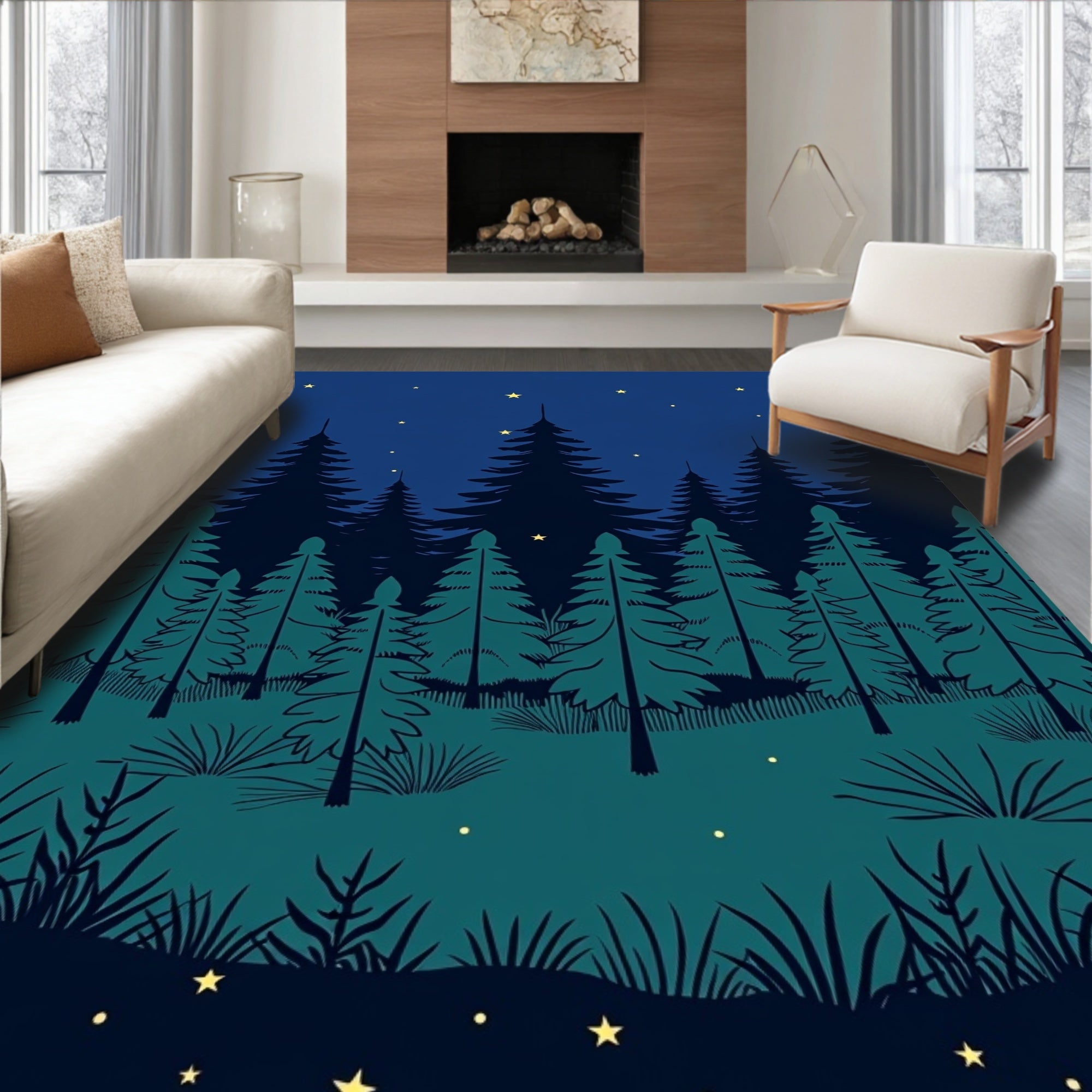 Night Forest Starry Scene Rug