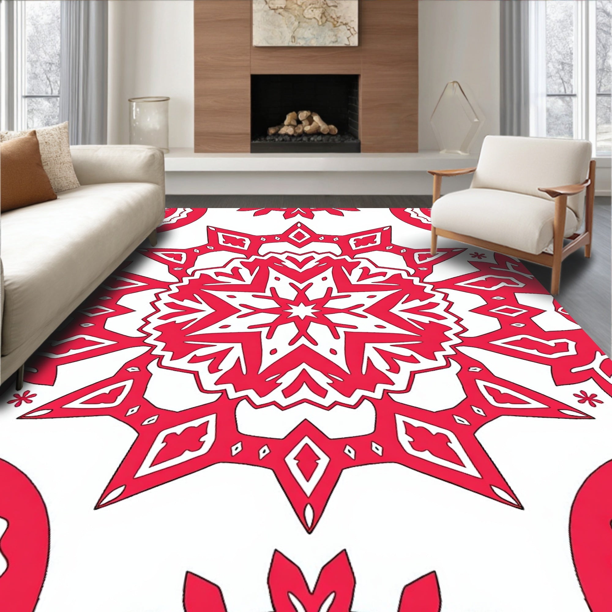 Crimson Starburst Geometric Mandala Rug
