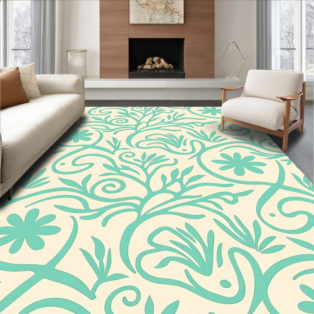 Cream And Teal Floral Swirls Rug