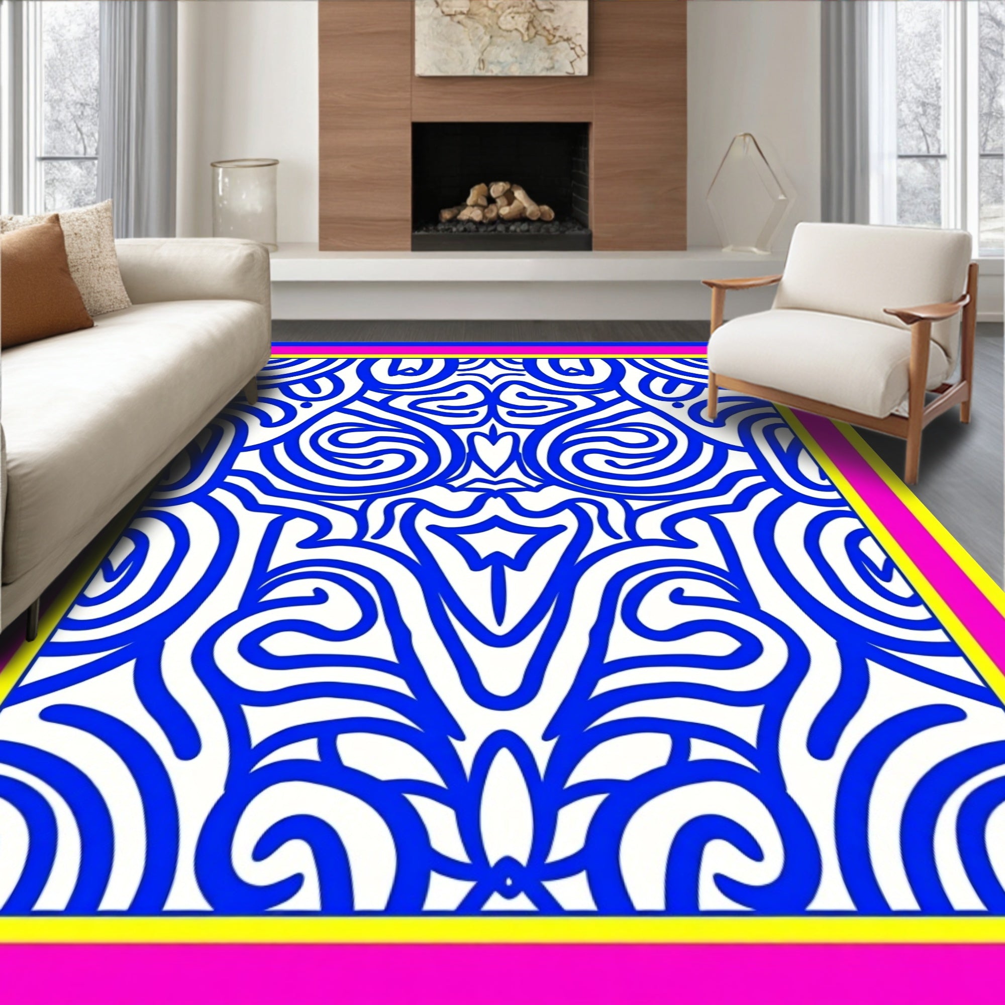 Bold Blue Abstract Scrollwork Rug