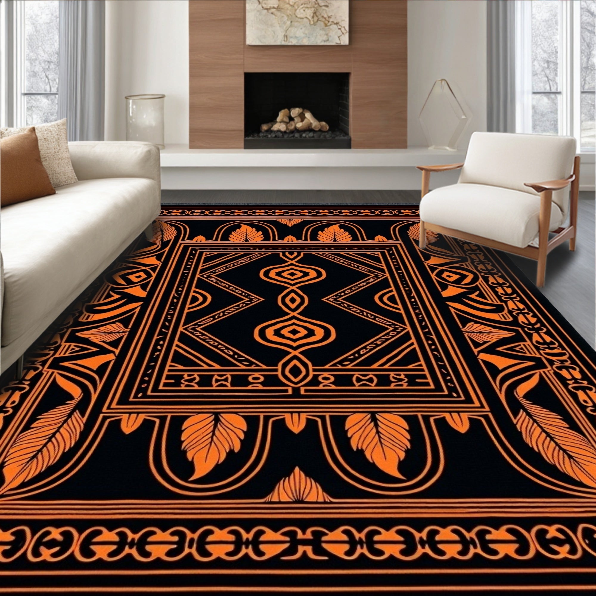 Black Orange Art Deco Feather Medallion Rug