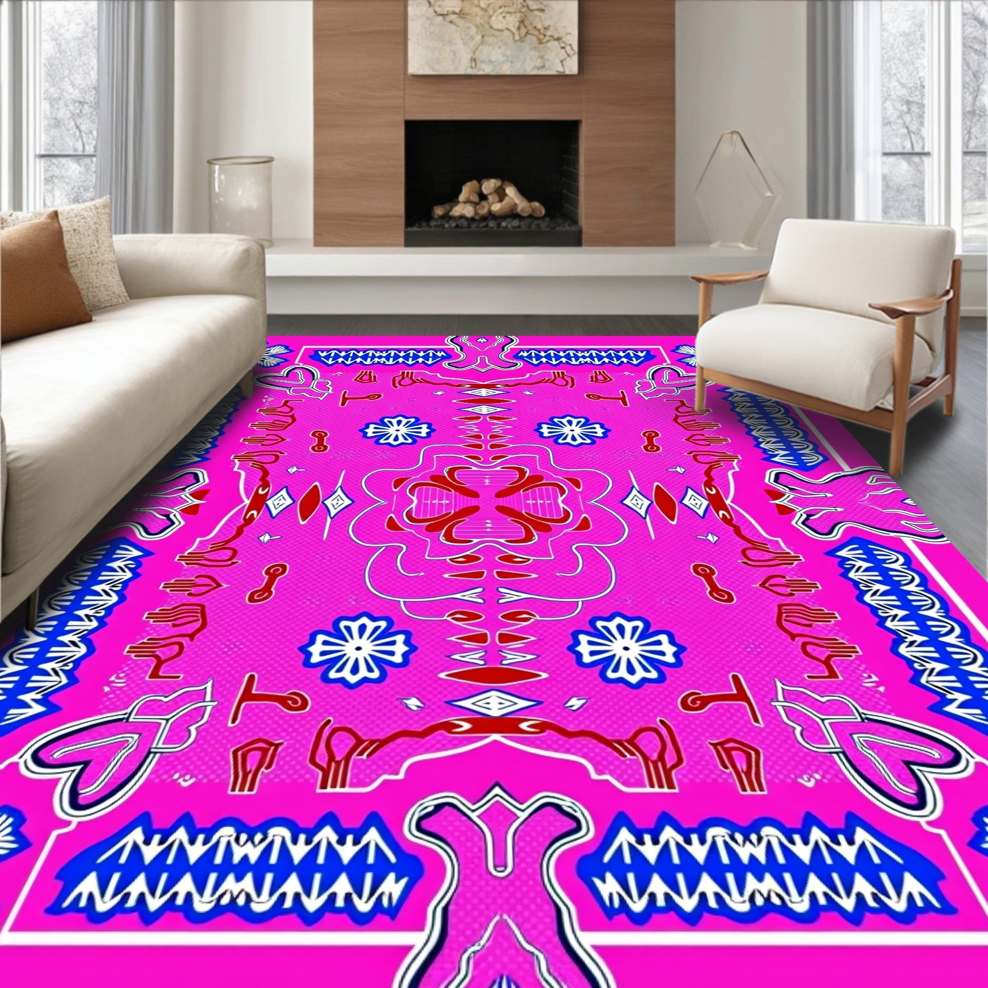 Vibrant Pink Red White Blue Mandala Rug