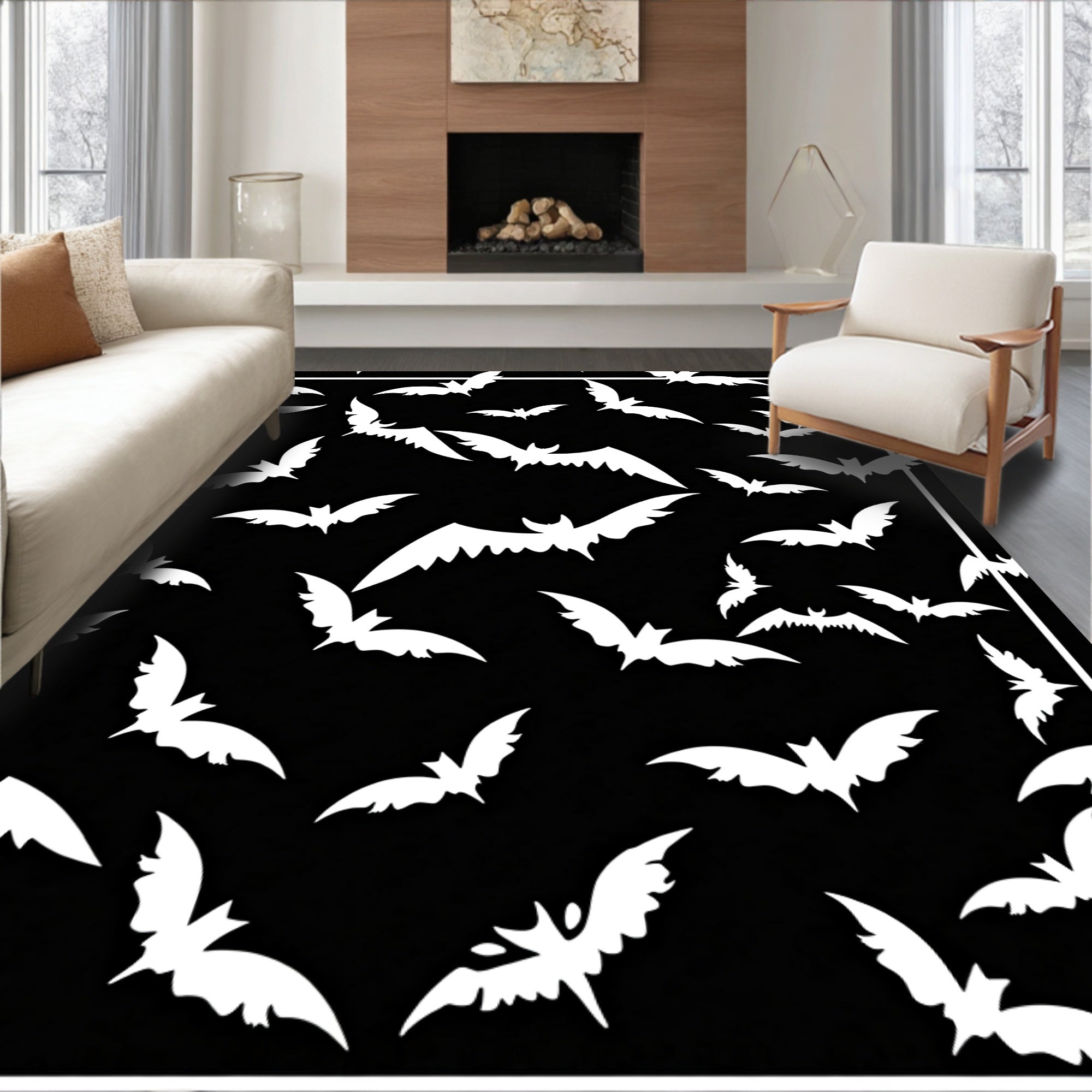 White Bats Scattered Black Night Rug