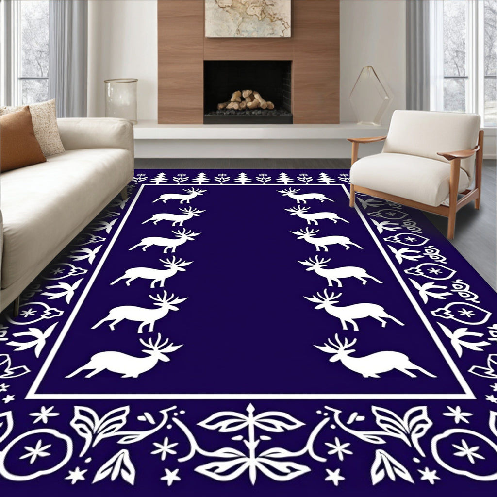 Deep Blue White Reindeer Forest Border Rug