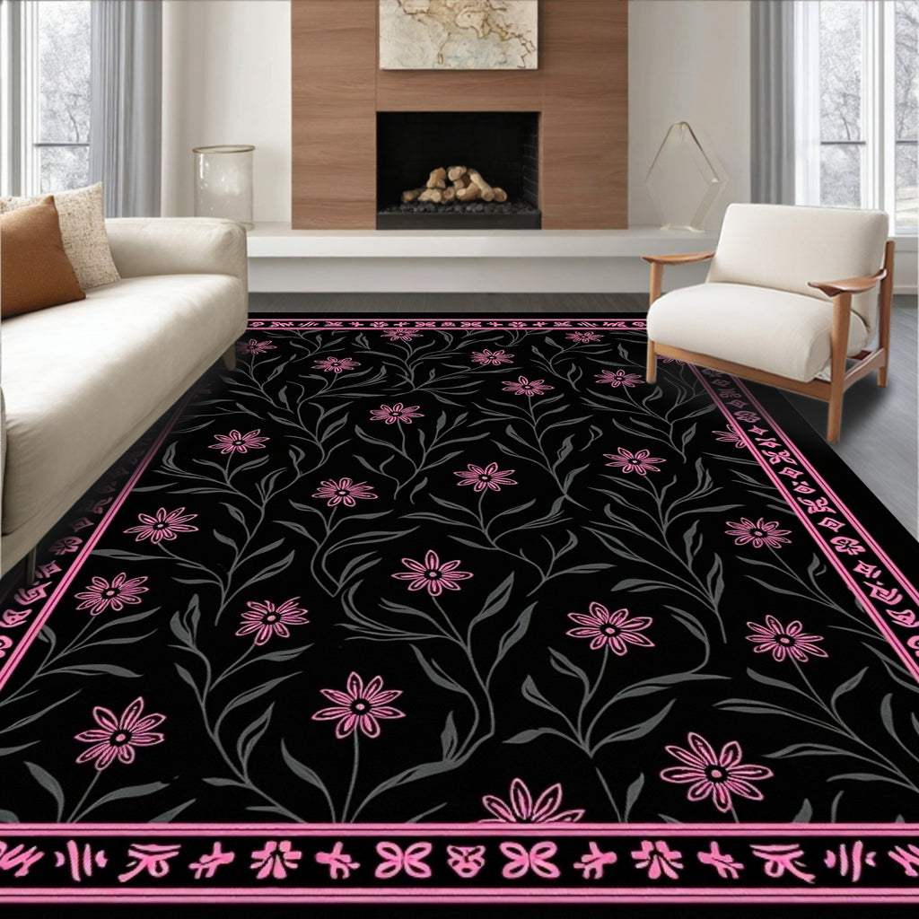 Pink Floral Vine Black Garden Rug