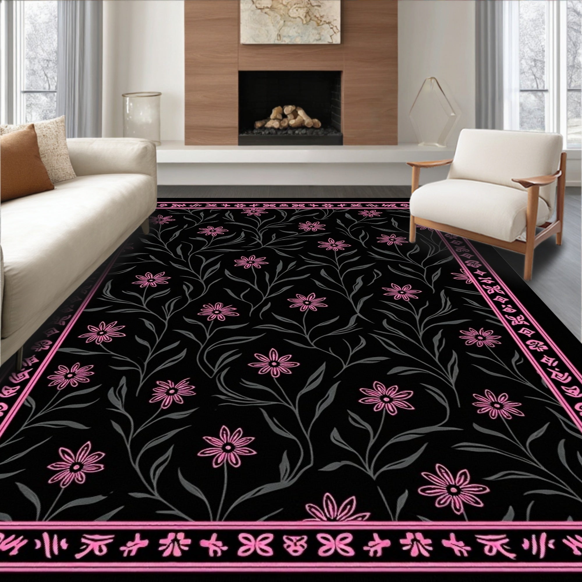 Pink Floral Vine Black Garden Rug